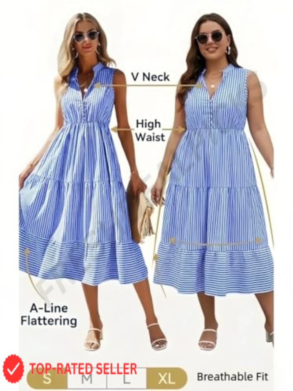 Striped V-Neck Sleeveless Midi Dress A-Line High Waist Summer Wedding Guest - Picture 6 of 7